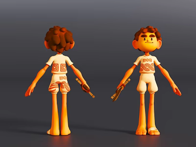 Game Film Character 3D Model Front Back View Brown Curly Hair White Outfit Holding Tool 3d model