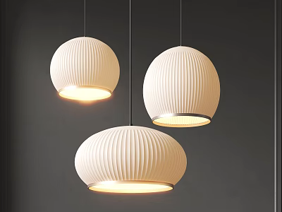 Three Modern White Striped Pendant Lights Lit Against Dark Background 3d model