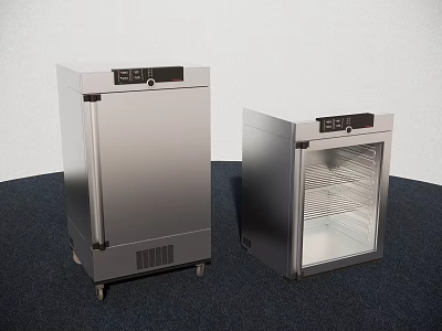 Two Stainless Steel Medical Refrigerators With Digital Control Panel Wheels Open Closed Doors And Shelves 3d model