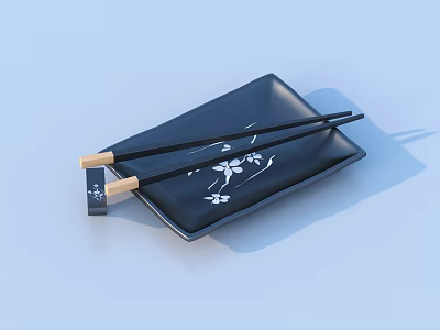 Elegant Black Square Plate Tableware Set with White Floral Pattern and Golden Chopsticks 3d model