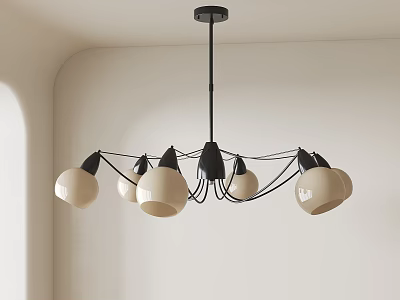 Modern Minimalist Chandelier With Multiple White Spherical Shades And Black Frame In Light Colored Room 3d model