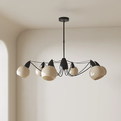 Modern Minimalist Chandelier With Multiple White Spherical Shades And Black Frame In Light Colored Room 3d model