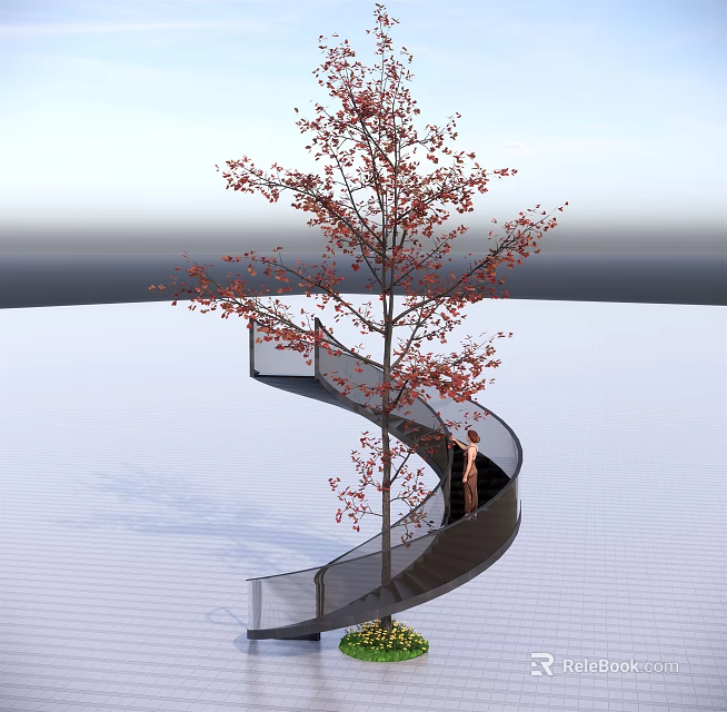 Scenic Spiral Staircase With Central Red Leaf Tree And Open View Area 3d model