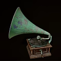 Vintage Gramophone With Colorful Decorative Horn And Wooden Carved Base Design