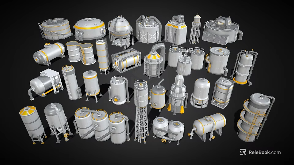 Various Types of Industrial Equipment Including Tanks Reactors Towers and Storage Vessels 3d model 