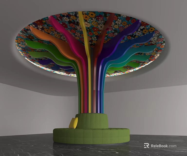 Colorful Tree Like Column With Floral Patterned Top And Green Seating Base 3d model 