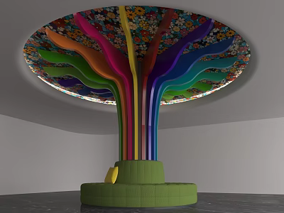 Colorful Tree Like Column With Floral Patterned Top And Green Seating Base 3d model
