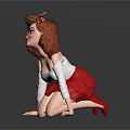 Cartoon Style Woman With Red Bow Curly Hair White Top And Red Skirt Kneeling Pose