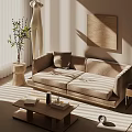Sunlit Modern Living Room With Beige Sofa Coffee Table Green Plant And Wall Art