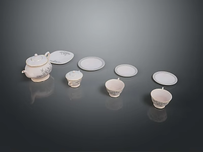 Elegant White Patterned Tea Set With Teapot Cups And Saucers For Daily Use 3d model