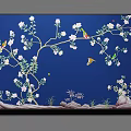Botanical Painting Featuring Blue Background White Flowers Green Foliage and Colorful Birds on Rock Base
