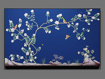 Botanical Painting Featuring Blue Background White Flowers Green Foliage and Colorful Birds on Rock Base 3d model