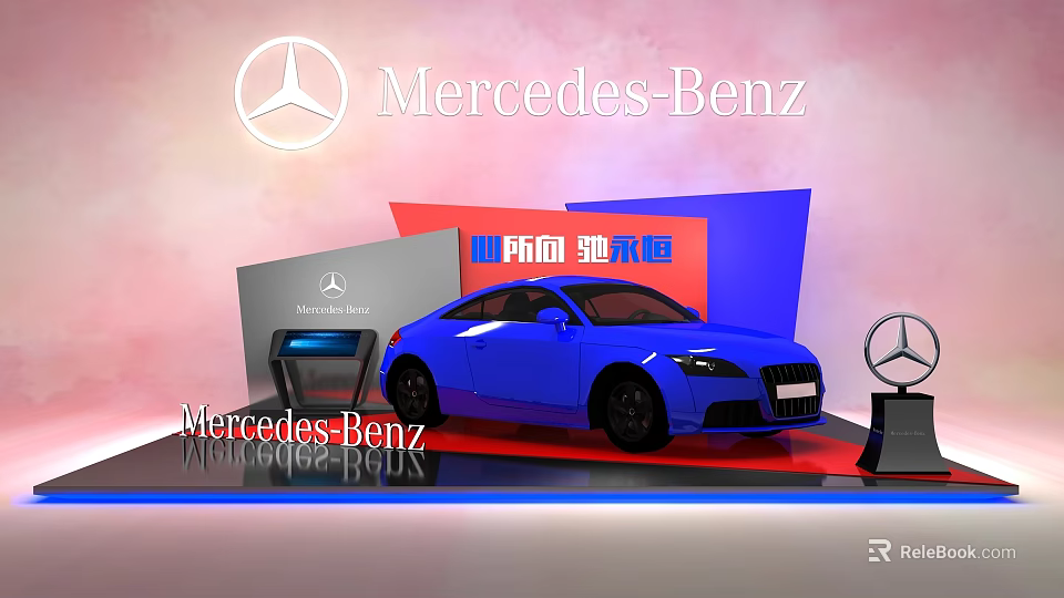 Mercedes-Benz Car Display Showcase Shelf with Blue Vehicle Exhibition Stand and Logo 3d model 