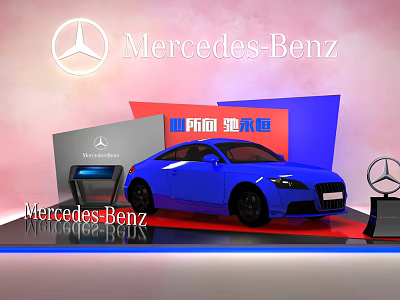 Mercedes-Benz Car Display Showcase Shelf with Blue Vehicle Exhibition Stand and Logo 3d model