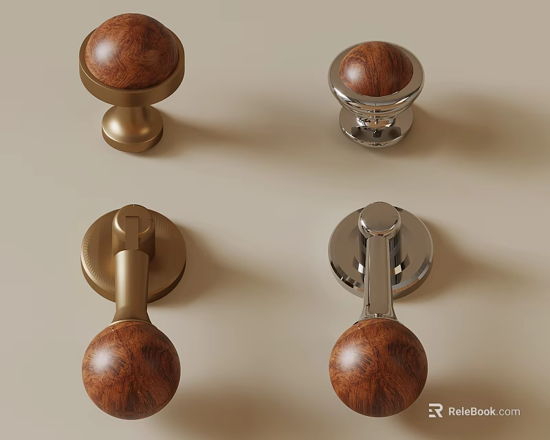 Wooden Ball Knob Cabinet Handles With Gold And Silver Metal Bases 3d model 