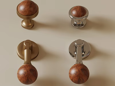 Wooden Ball Knob Cabinet Handles With Gold And Silver Metal Bases 3d model