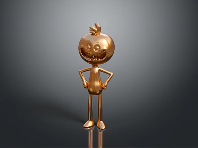 Golden Game And Movie Character With Apple Shaped Head Smiling Face Hands On Hips Standing 3d model