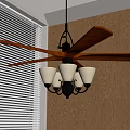 Wooden Blade Ceiling Fan with Light Fixture and White Shades Near Window Blinds