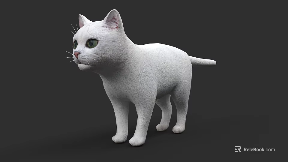 White Cat 3D Model With Green Eyes Standing On Dark Background 3d model 