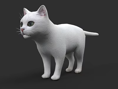 White Cat 3D Model With Green Eyes Standing On Dark Background 3d model