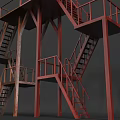 Industrial Metal Staircase With Multiple Platforms Red Railings And Support Columns 3d model