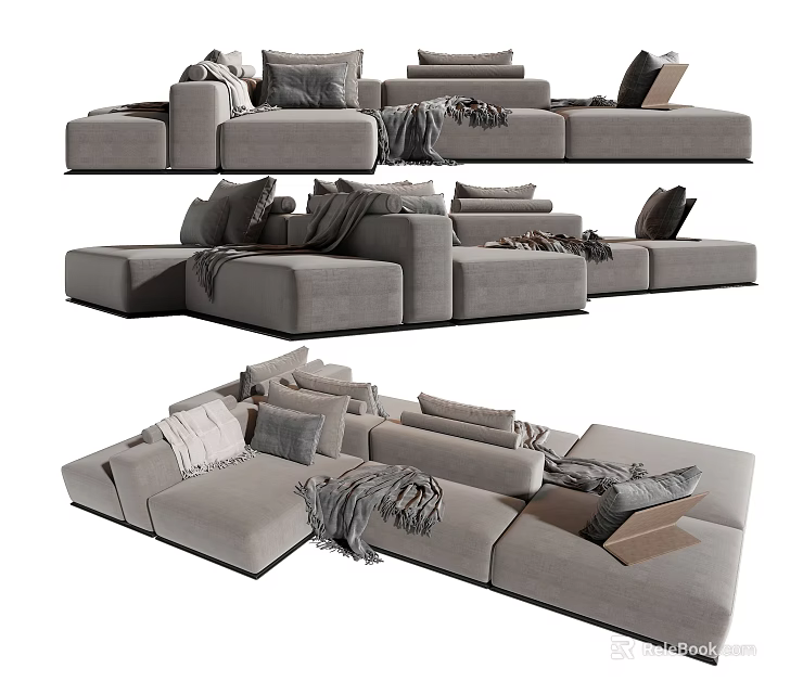 Comfortable Gray Modular Sectional Sofa with Throw Pillows and Blankets for Living Room 3d model