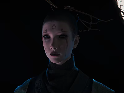 Mysterious Female Character With Forehead Symbol Tear Like Makeup And Vine Adornments In Dark Background 3d model