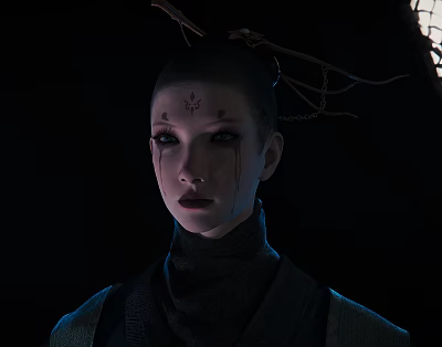 Mysterious Female Character With Forehead Symbol Tear Like Makeup And Vine Adornments In Dark Background 3d model