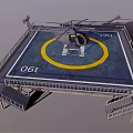 Helicopter Parked On Helipad With Yellow Circle White Markings Railing And Stairs