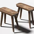 Two Rustic Wooden Stools With Rectangular Seat And Three Legs Design