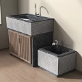 Bright Indoor Modern Grey Stone Washbasin Vanity With Wooden Vertical Slat Cabinet And Small Basin