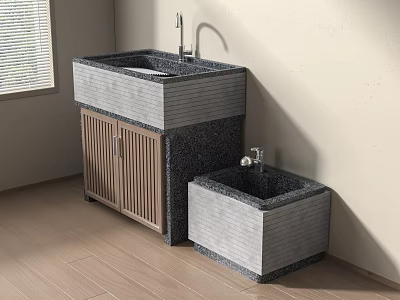 Bright Indoor Modern Grey Stone Washbasin Vanity With Wooden Vertical Slat Cabinet And Small Basin 3d model
