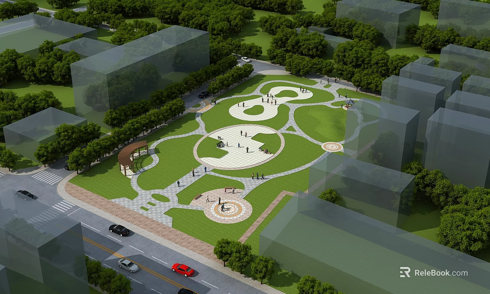 Urban Park Landscape Featuring Green Lawn Circular Paths Trees Rest Areas And Surrounding Buildings 3d model 
