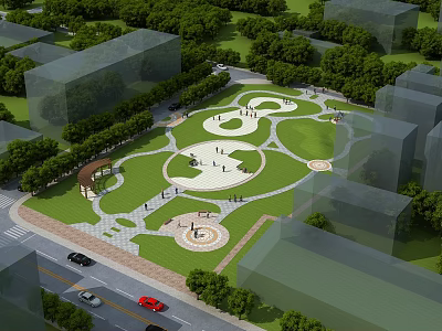 Urban Park Landscape Featuring Green Lawn Circular Paths Trees Rest Areas And Surrounding Buildings 3d model