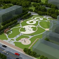 Urban Park Landscape Featuring Green Lawn Circular Paths Trees Rest Areas And Surrounding Buildings