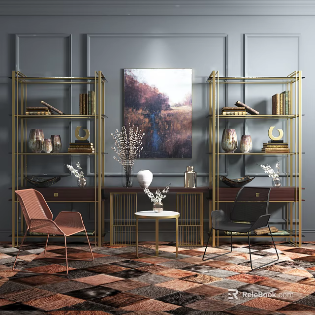 Stylish Entryway Cabinet And Side Cabinet With Gold Frame Decorative Vases Artwork And Chairs 3d model 