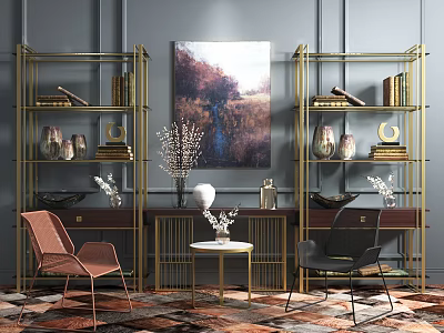 Stylish Entryway Cabinet And Side Cabinet With Gold Frame Decorative Vases Artwork And Chairs 3d model