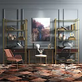 Stylish Entryway Cabinet And Side Cabinet With Gold Frame Decorative Vases Artwork And Chairs