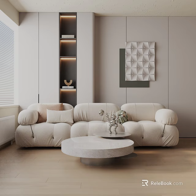 Modern Beige Three Seater Sofa With Plush Design Round Coffee Table And Textured Wall Art 3d model 