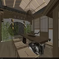 Japanese Traditional Interior With Cherry Blossom Ceiling Wooden Table Chairs And Decorative Elements
