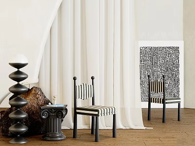 Modern Black And White Striped Dining Chairs With White Curtains Wooden Floor And Artwork 3d model