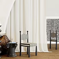 Modern Black And White Striped Dining Chairs With White Curtains Wooden Floor And Artwork