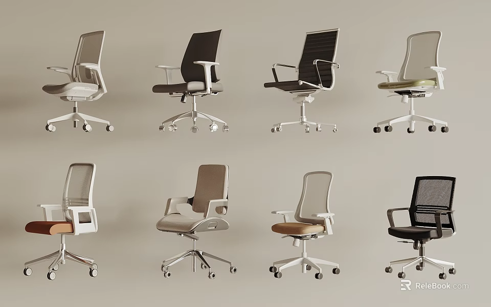 Modern Office Chairs With Different Designs Various Colors Mesh Backrests And Wheels 3d model