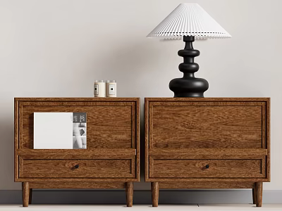Brown Wooden Bedside Tables With Small Jars Magazine and Black Base White Pleated Lampshade Lamp 3d model