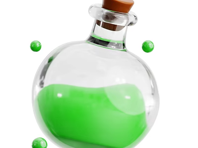 Transparent Glass Bottle With Cork Stopper And Green Liquid Surrounded By Green Balls 3d model