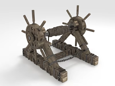 Medieval Wooden Siege Weapon With Spoked Wheels Chain Ropes And Wooden Frame 3d model