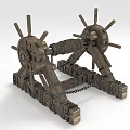 Medieval Wooden Siege Weapon With Spoked Wheels Chain Ropes And Wooden Frame