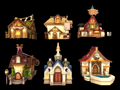 Cartoon Scene Featuring Various Cute Houses With Unique Roofs And Decorative Details 3d model