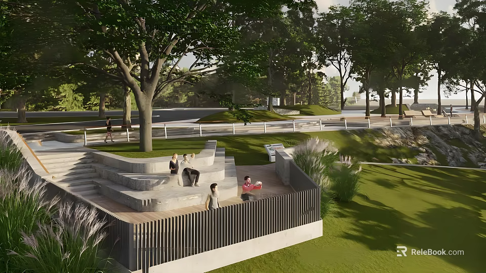 Scenic Park Landscape With Terrace Seating Green Trees Lush Lawn And People Relaxing 3d model 