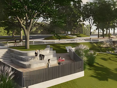 Scenic Park Landscape With Terrace Seating Green Trees Lush Lawn And People Relaxing 3d model